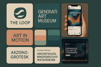 Example output from the Visual Brand Identity Grid Boards ChatGPT prompt: modular grid layouts featuring logos, type styles, palettes, and app mockups—mimicking creative pitch decks for brand strategy presentations. The Loop.