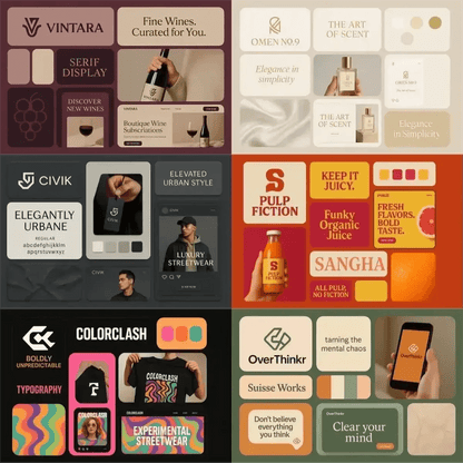 Example output from the Visual Brand Identity Grid Boards ChatGPT prompt: modular grid layouts featuring logos, type styles, palettes, and app mockups—mimicking creative pitch decks for brand strategy presentations.