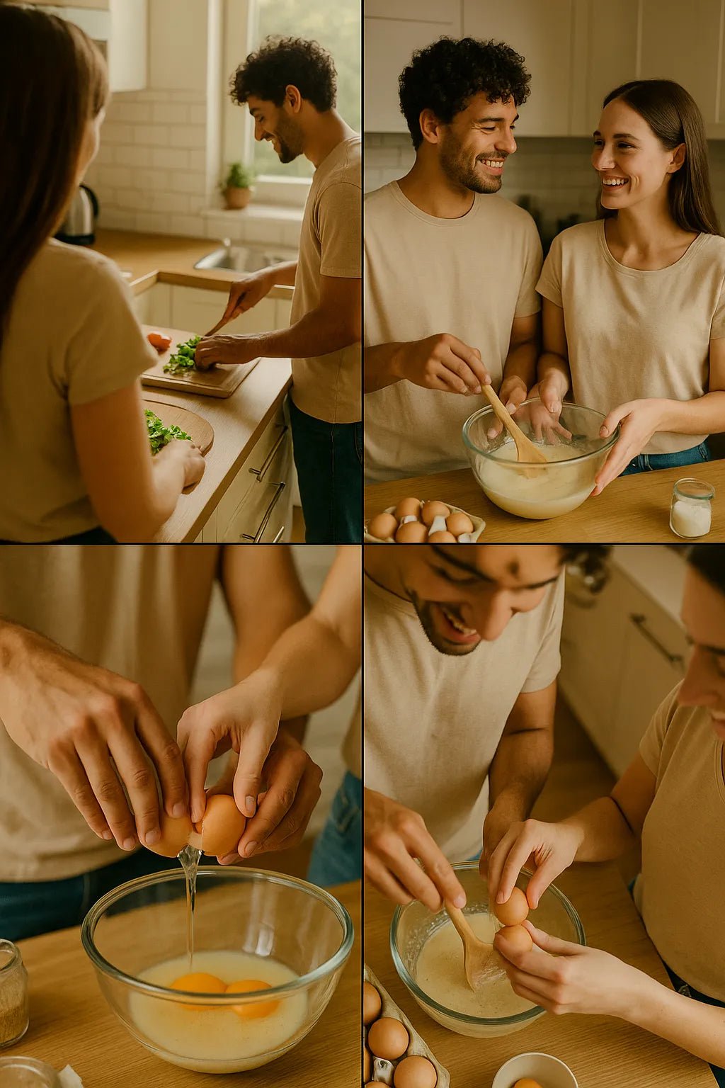 Example output from the Visualize Any Scenes With 4 Angles ChatGPT prompt: cinematic stills in four angle variations per scene. Couple Cooking.