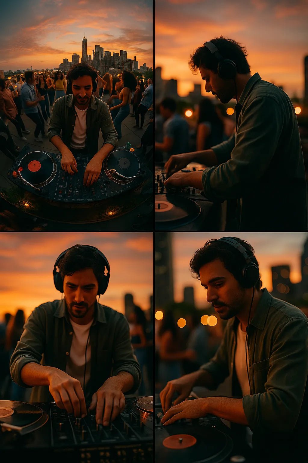 Example output from the Visualize Any Scenes With 4 Angles ChatGPT prompt: cinematic stills in four angle variations per scene. Dj Set.