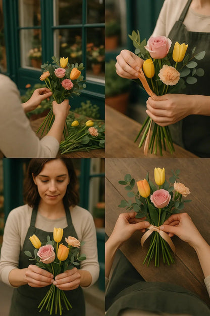 Example output from the Visualize Any Scenes With 4 Angles ChatGPT prompt: cinematic stills in four angle variations per scene. Flowers.