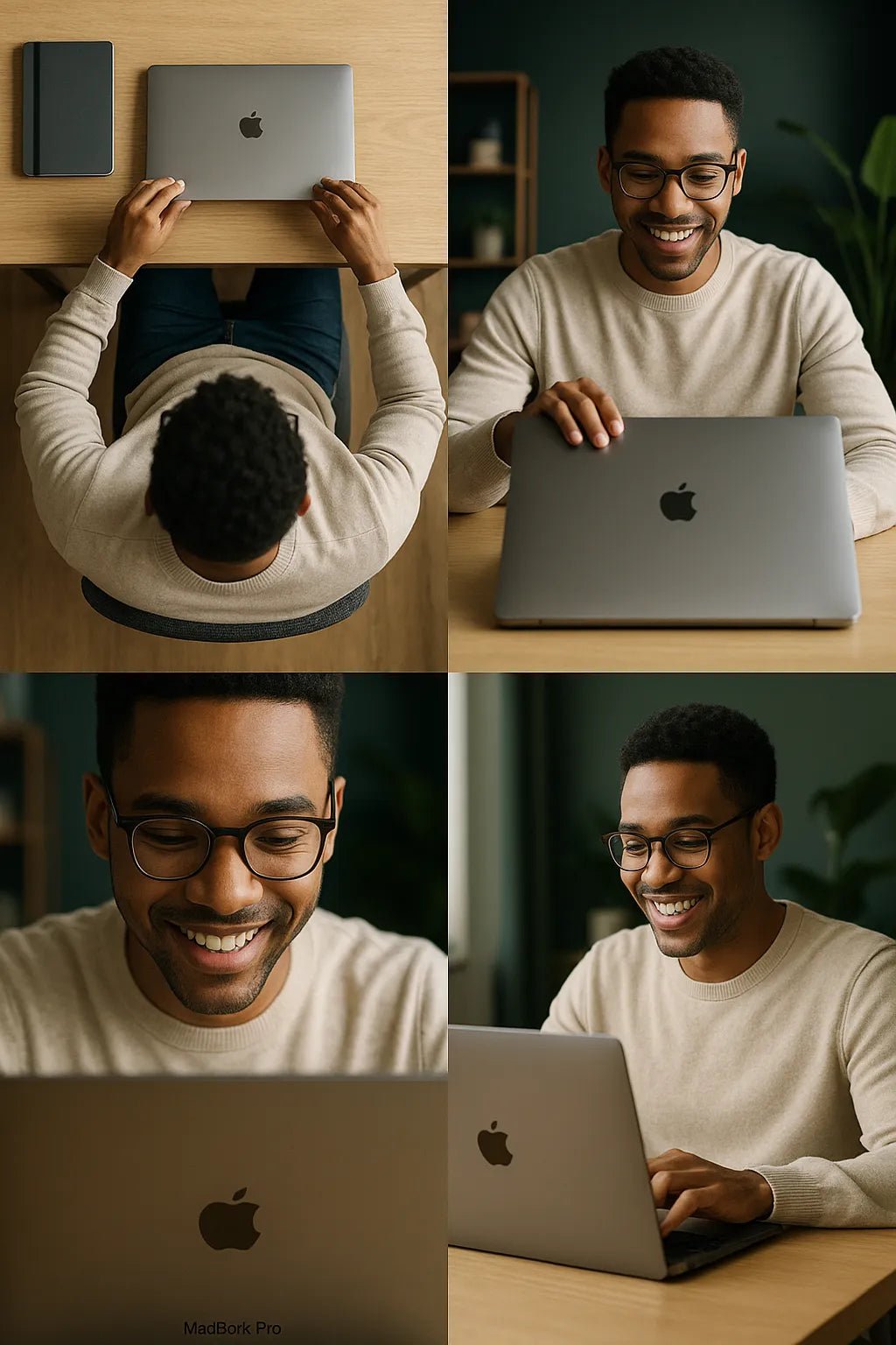 Example output from the Visualize Any Scenes With 4 Angles ChatGPT prompt: cinematic stills in four angle variations per scene. Laptop.