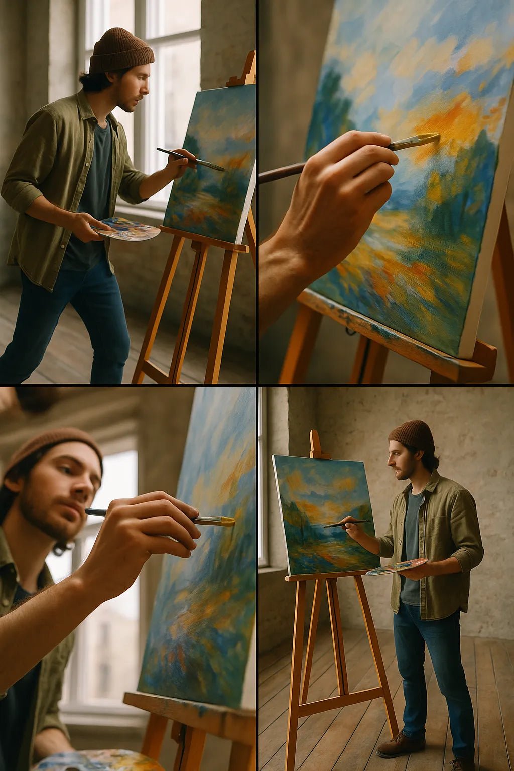 Example output from the Visualize Any Scenes With 4 Angles ChatGPT prompt: cinematic stills in four angle variations per scene. Painting.