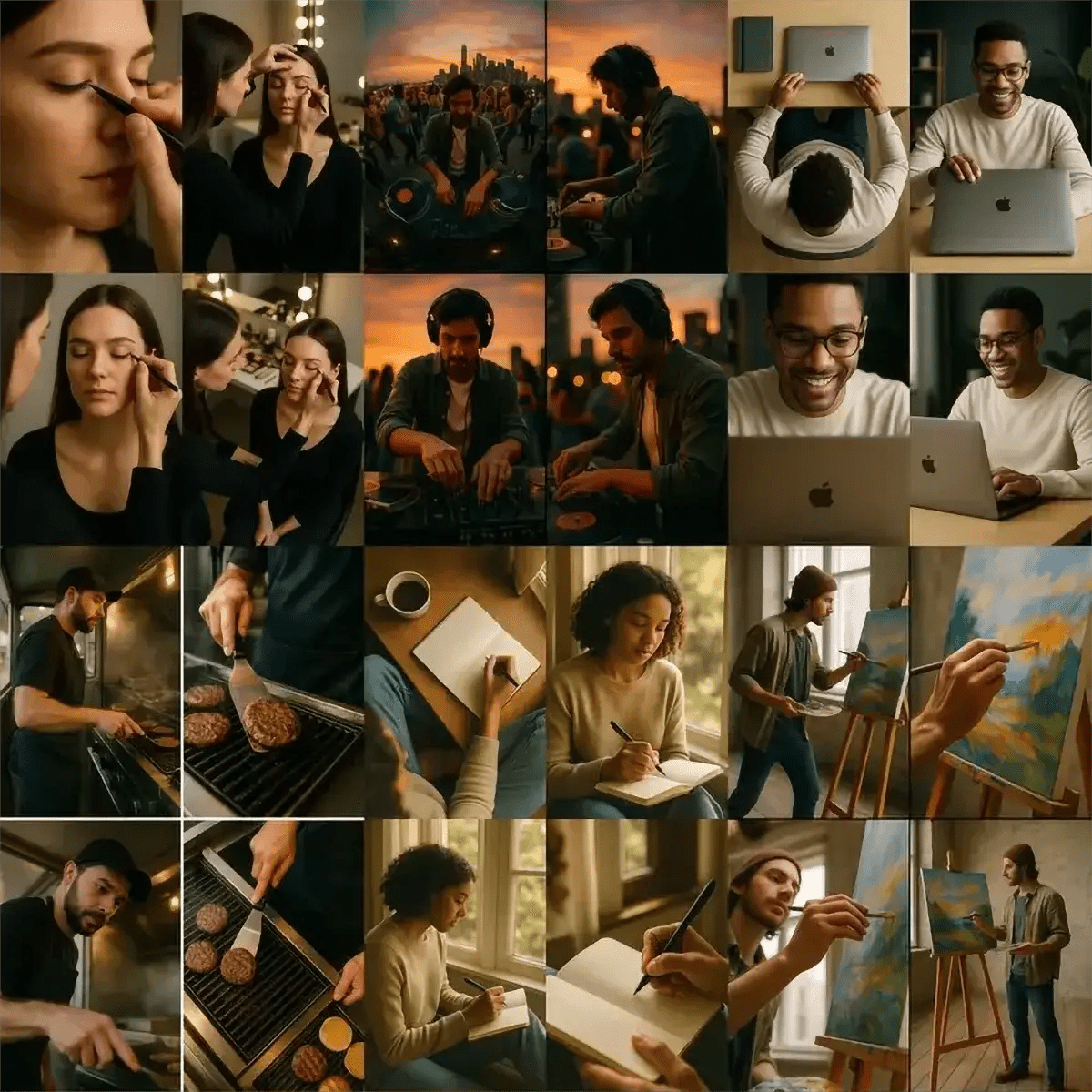 Example output from the Visualize Any Scenes With 4 Angles ChatGPT prompt: cinematic stills in four angle variations per scene, showing actors in close-up, wide, tracking, and POV shots—ideal for thumbnails or storyboards.