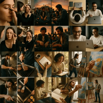 Example output from the Visualize Any Scenes With 4 Angles ChatGPT prompt: cinematic stills in four angle variations per scene, showing actors in close-up, wide, tracking, and POV shots—ideal for thumbnails or storyboards.