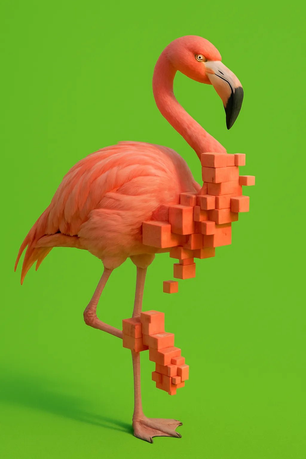 Example output from the Voxel Integrated Animals And Fruits ChatGPT prompt: ultra-detailed fruit and animal portraits with embedded voxel cubes, DSLR-quality lighting, and vibrant backgrounds for surreal yet polished visuals. Flamingo.
