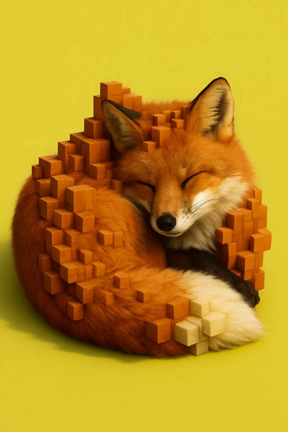 Example output from the Voxel Integrated Animals And Fruits ChatGPT prompt: ultra-detailed fruit and animal portraits with embedded voxel cubes, DSLR-quality lighting, and vibrant backgrounds for surreal yet polished visuals. Fox.