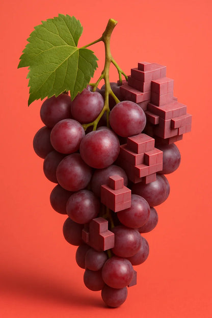 Example output from the Voxel Integrated Animals And Fruits ChatGPT prompt: ultra-detailed fruit and animal portraits with embedded voxel cubes, DSLR-quality lighting, and vibrant backgrounds for surreal yet polished visuals. Grapes.