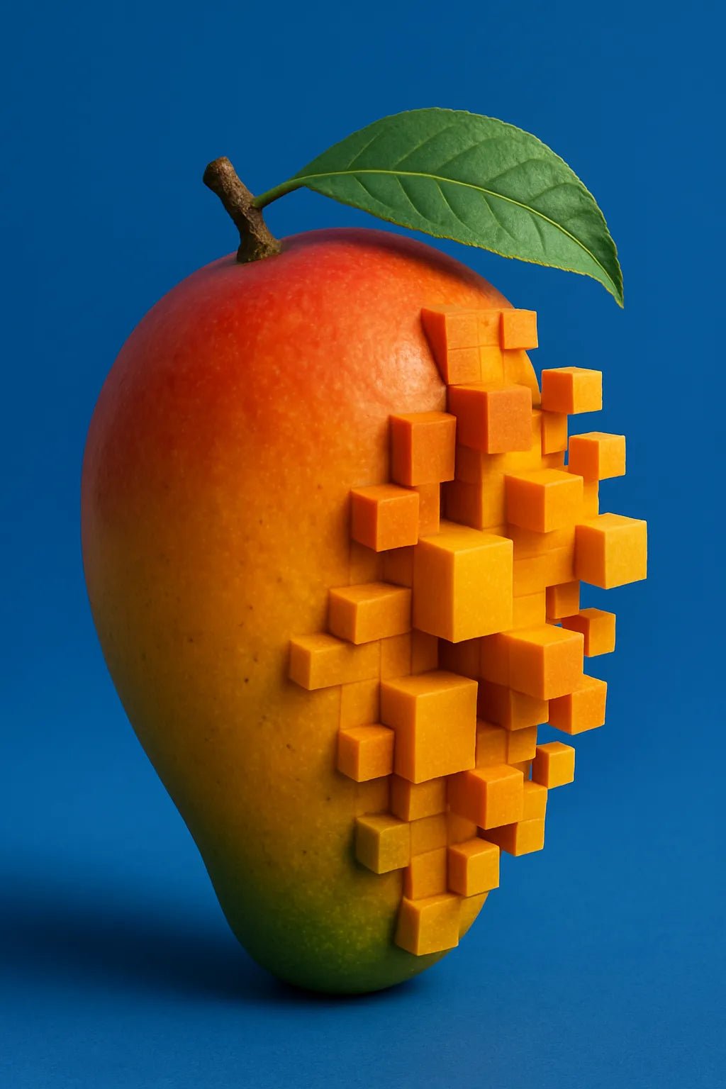 Example output from the Voxel Integrated Animals And Fruits ChatGPT prompt: ultra-detailed fruit and animal portraits with embedded voxel cubes, DSLR-quality lighting, and vibrant backgrounds for surreal yet polished visuals. Mango.