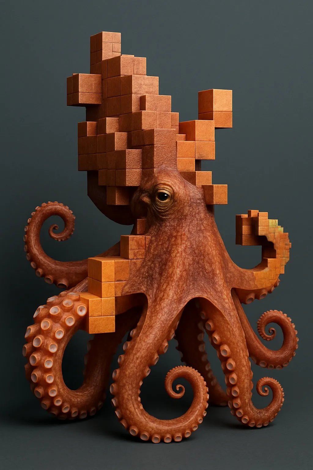 Example output from the Voxel Integrated Animals And Fruits ChatGPT prompt: ultra-detailed fruit and animal portraits with embedded voxel cubes, DSLR-quality lighting, and vibrant backgrounds for surreal yet polished visuals. Octopus.