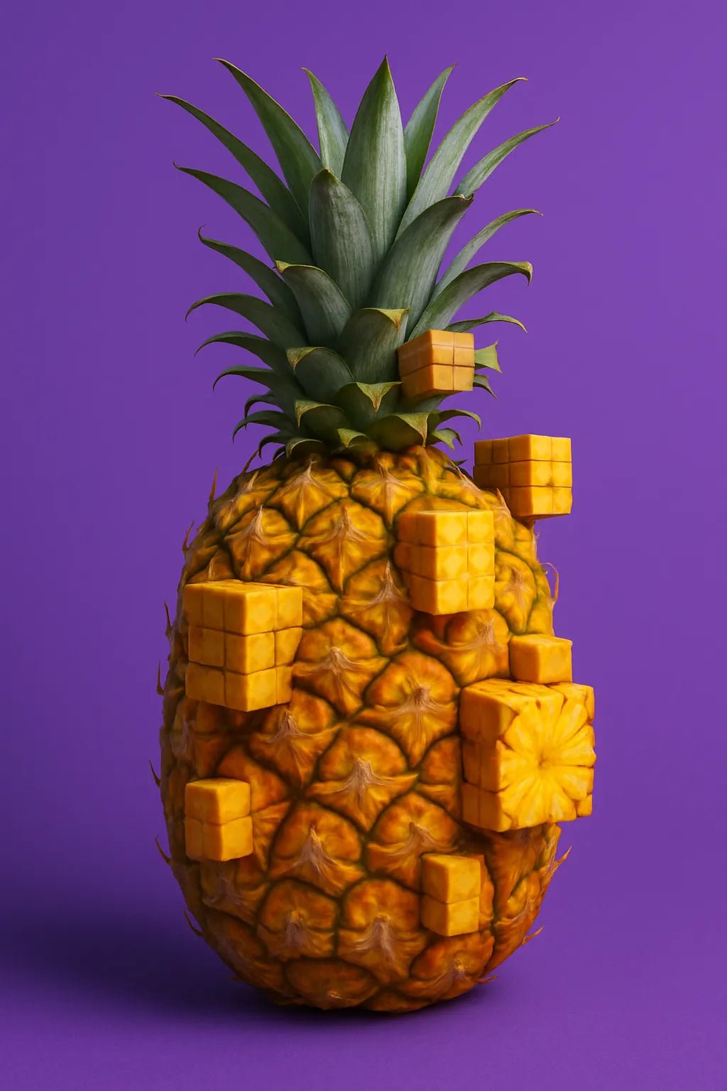 Example output from the Voxel Integrated Animals And Fruits ChatGPT prompt: ultra-detailed fruit and animal portraits with embedded voxel cubes, DSLR-quality lighting, and vibrant backgrounds for surreal yet polished visuals. Pineapple.