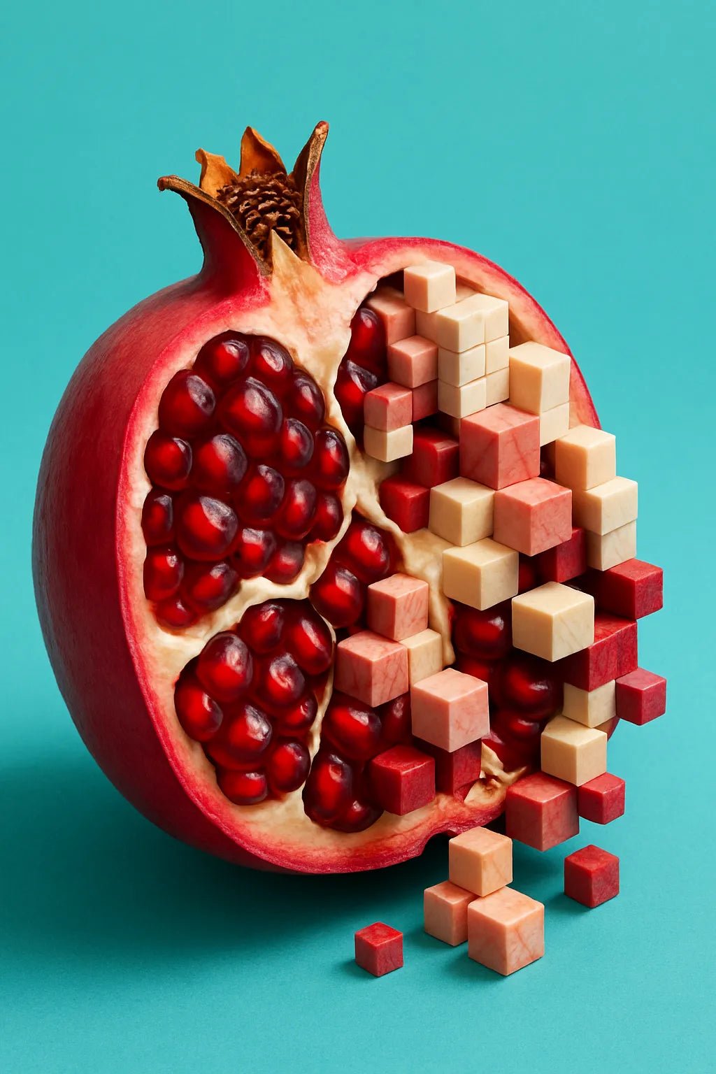 Example output from the Voxel Integrated Animals And Fruits ChatGPT prompt: ultra-detailed fruit and animal portraits with embedded voxel cubes, DSLR-quality lighting, and vibrant backgrounds for surreal yet polished visuals. Pomegranate Grenade.