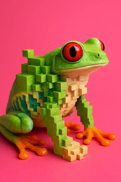 Example output from the Voxel Integrated Animals And Fruits ChatGPT prompt: ultra-detailed fruit and animal portraits with embedded voxel cubes, DSLR-quality lighting, and vibrant backgrounds for surreal yet polished visuals. Red Eye Frog.