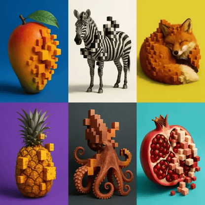 Example output from the Voxel Integrated Animals And Fruits ChatGPT prompt: ultra-detailed fruit and animal portraits with embedded voxel cubes, DSLR-quality lighting, and vibrant backgrounds for surreal yet polished visuals.