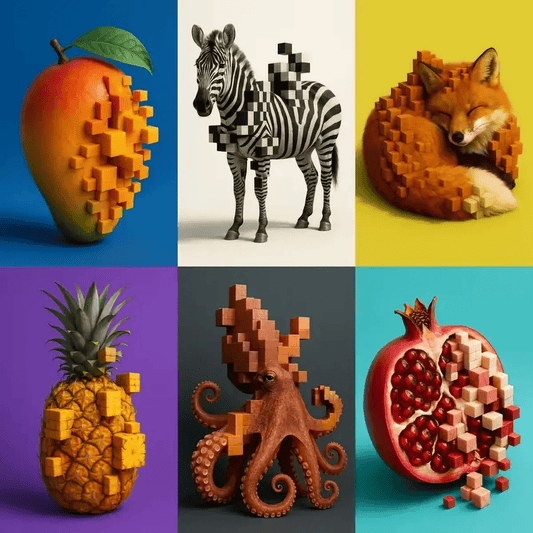 Example output from the Voxel Integrated Animals And Fruits ChatGPT prompt: ultra-detailed fruit and animal portraits with embedded voxel cubes, DSLR-quality lighting, and vibrant backgrounds for surreal yet polished visuals.