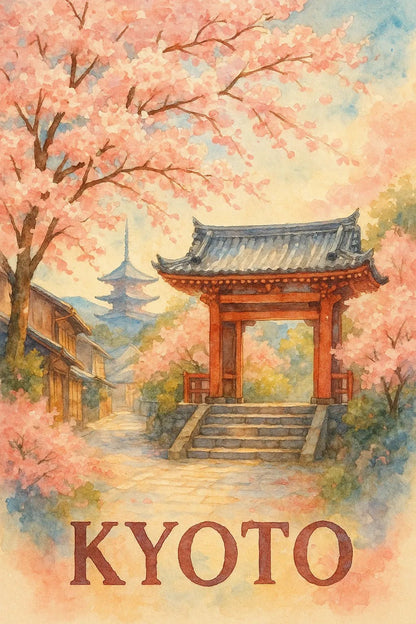 Example output from the Watercolor Travel Painting Poster ChatGPT prompt: Kyoto