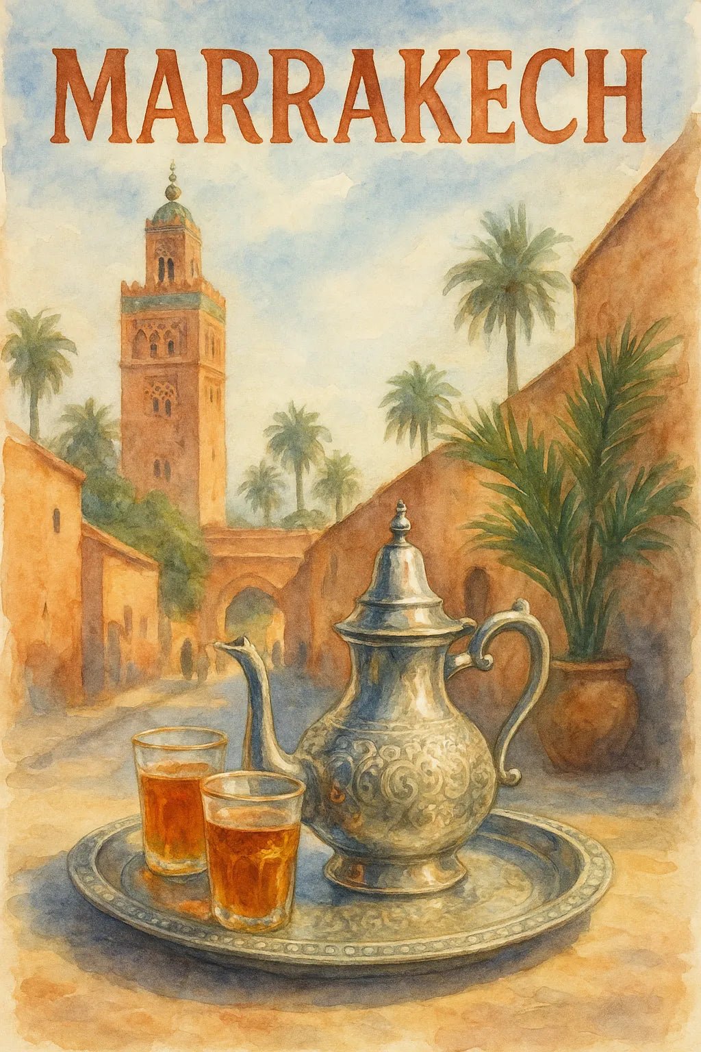 Example output from the Watercolor Travel Painting Poster ChatGPT prompt: Marrakech