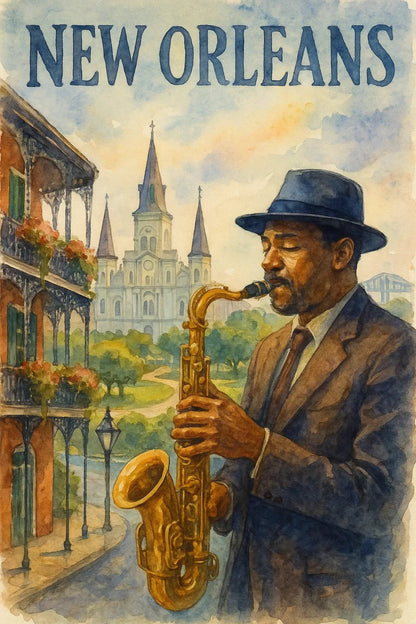 Example output from the Watercolor Travel Painting Poster ChatGPT prompt: New Orleans