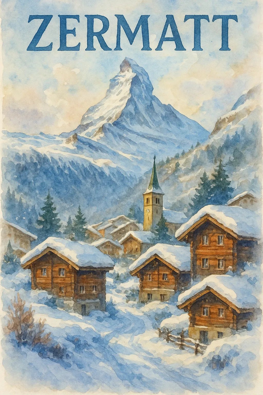 Example output from the Watercolor Travel Painting Poster ChatGPT prompt: Zermatt