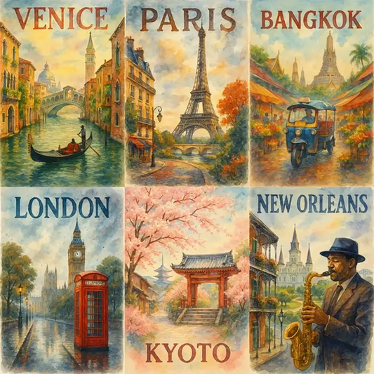 Example output from the Watercolor Travel Painting Poster ChatGPT prompt: six fine-art watercolor travel posters featuring iconic city scenes with soft gradients, rich pigments, and classic poster typography.