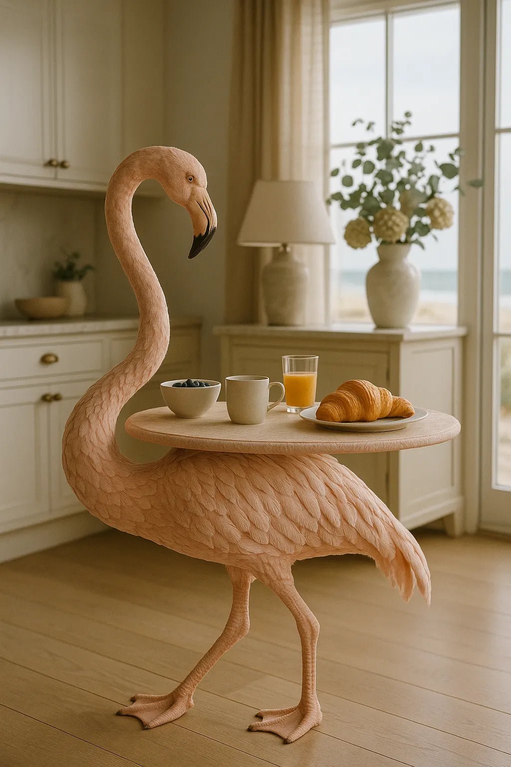 Example output from the Whimsical Animal Luxury Furniture ChatGPT prompt: Flamingo