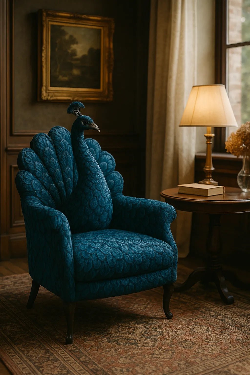 Example output from the Whimsical Animal Luxury Furniture ChatGPT prompt: Peacock