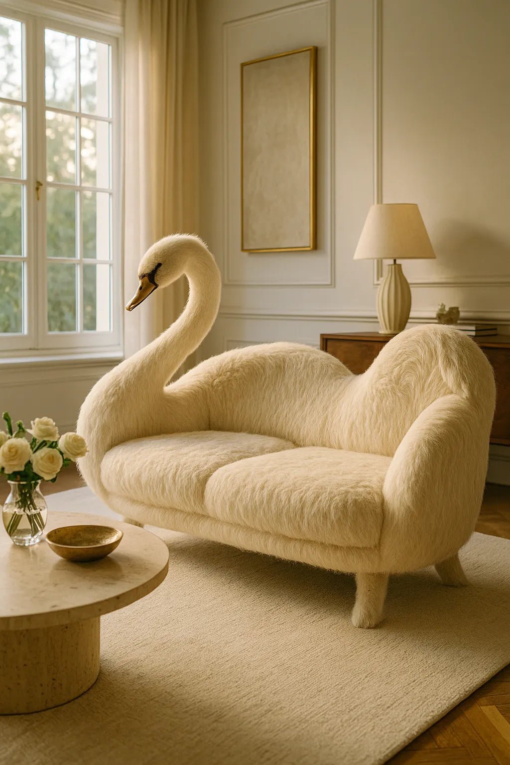 Example output from the Whimsical Animal Luxury Furniture ChatGPT prompt: Swan