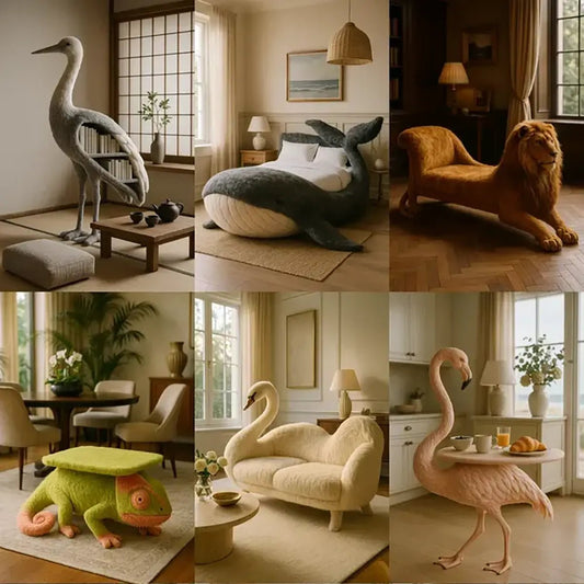 Example output from the Whimsical Animal Luxury Furniture ChatGPT prompt: ultra-realistic interior renders featuring animal-shaped furniture like whale beds, lion lounges, swan sofas, flamingo tables, and chameleon coffee tables in cinematic lighting.