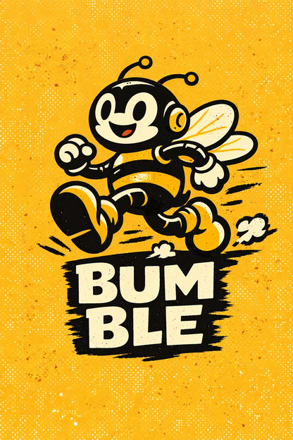 Example output from the Whimsical Cartoon Character Badges ChatGPT prompt: a Bumble badge with a dashing cartoon bee character on a yellow background.