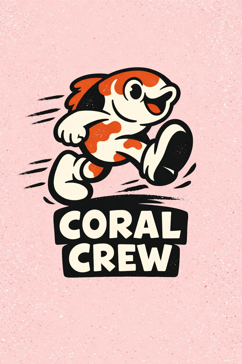 Example output from the Whimsical Cartoon Character Badges ChatGPT prompt: a Coral Crew badge with a running koi fish character on a pink background.