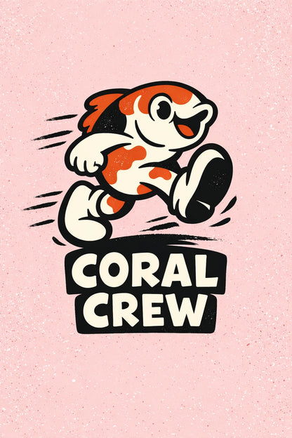 Example output from the Whimsical Cartoon Character Badges ChatGPT prompt: a Coral Crew badge with a running koi fish character on a pink background.