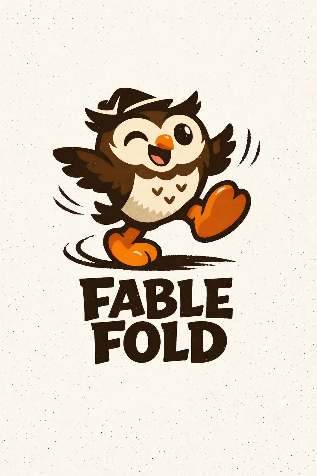 Example output from the Whimsical Cartoon Character Badges ChatGPT prompt: a Fable Fold badge in hand-drawn cartoon vector style with motion lines on a flat color background.
