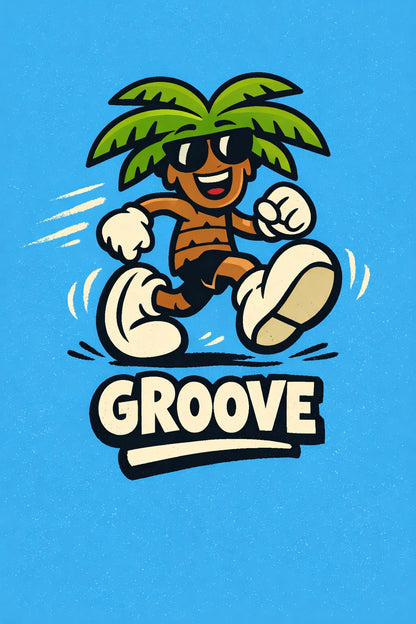 Example output from the Whimsical Cartoon Character Badges ChatGPT prompt: a Groove badge with a strutting palm tree character in sunglasses on a blue background.