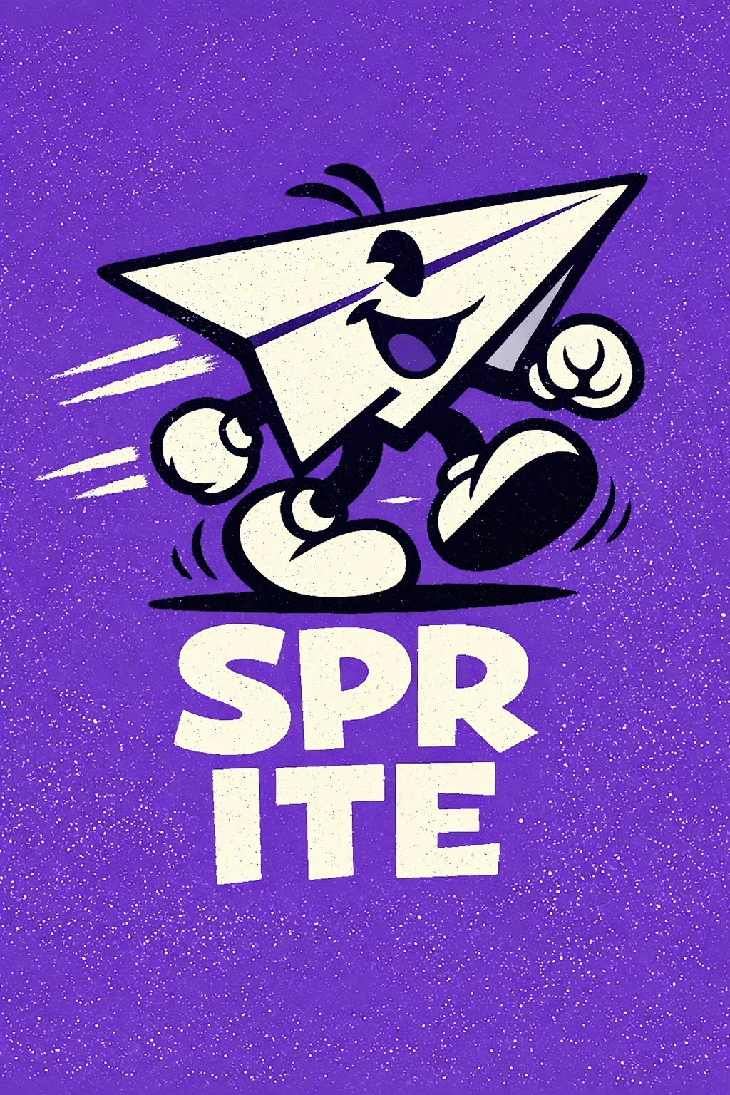 Example output from the Whimsical Cartoon Character Badges ChatGPT prompt: a Sprite badge with a running paper plane character in white on a purple background.