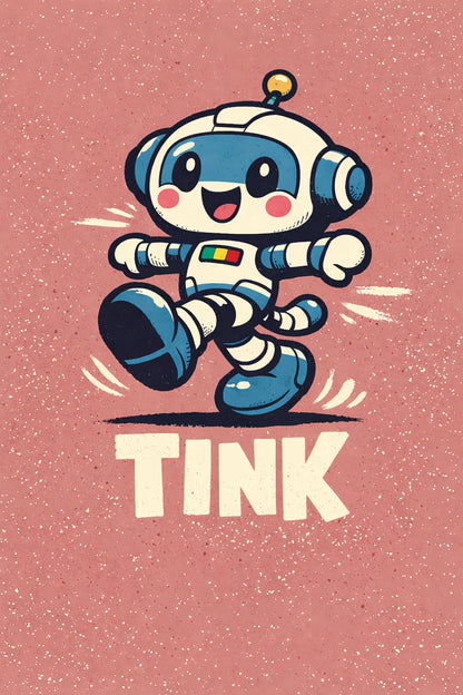 Example output from the Whimsical Cartoon Character Badges ChatGPT prompt: a Tink badge in hand-drawn cartoon vector style with motion lines on a flat color background.