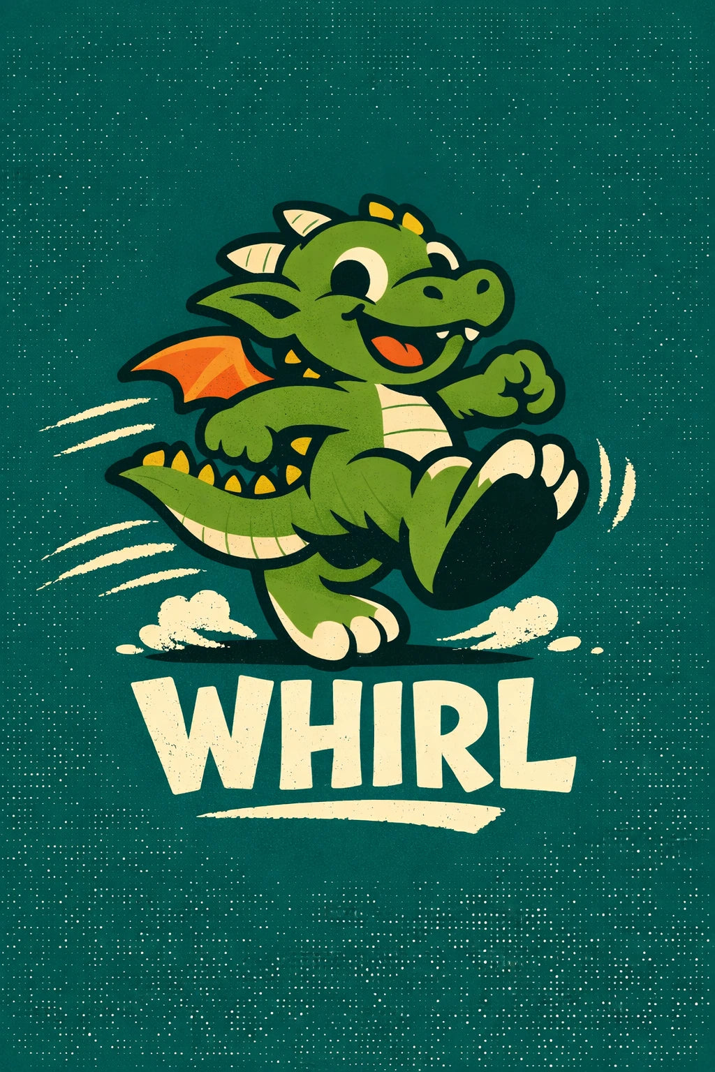 Example output from the Whimsical Cartoon Character Badges ChatGPT prompt: a Whirl badge with a running green dragon character on a dark teal background.