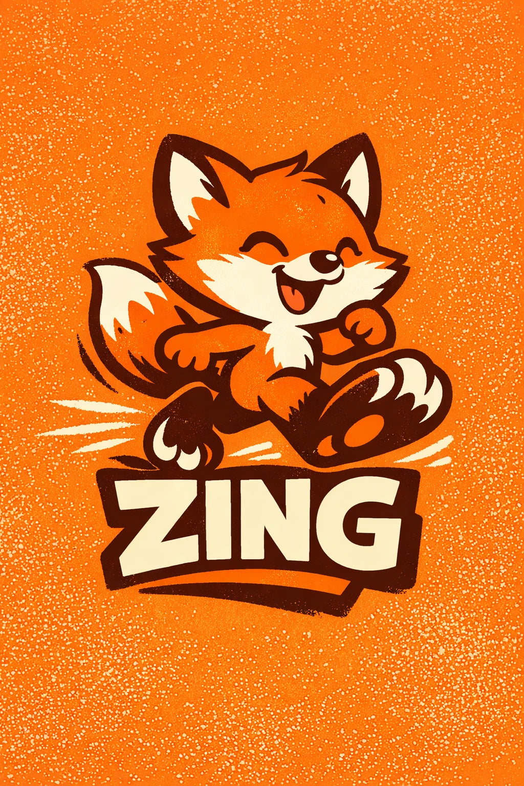 Example output from the Whimsical Cartoon Character Badges ChatGPT prompt: a Zing badge with a sliding cartoon fox character on an orange background.