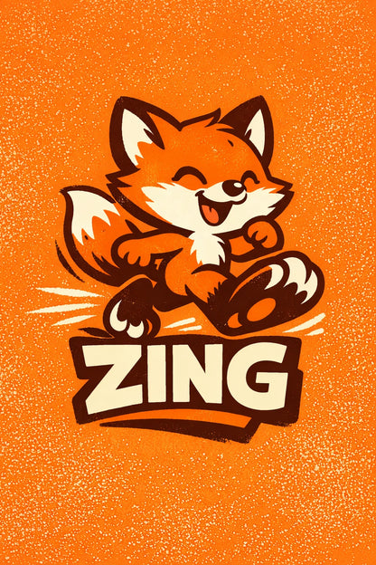 Example output from the Whimsical Cartoon Character Badges ChatGPT prompt: a Zing badge with a sliding cartoon fox character on an orange background.