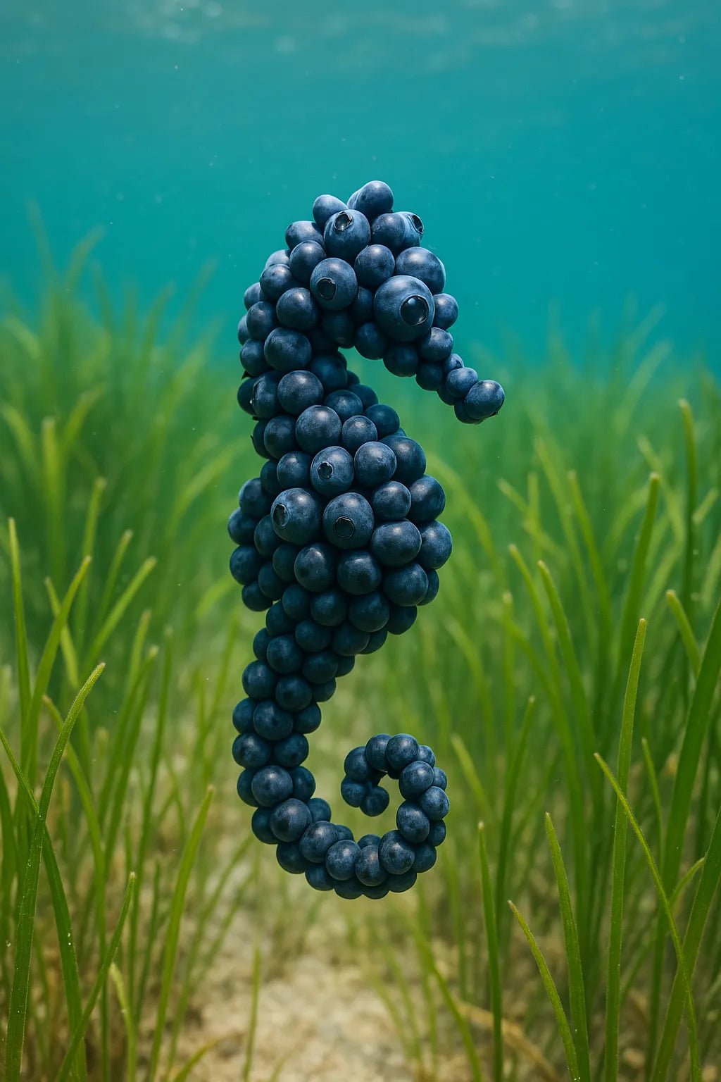 Example output from the Whimsical Fruity Animal Photo ChatGPT prompt: hyper-realistic animals crafted from fruit Seahorse.