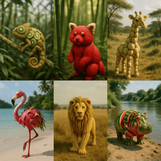 Example output from the Whimsical Fruity Animal Photo ChatGPT prompt: hyper-realistic animals crafted from fruit—like a strawberry red panda, corn lion, and kiwi chameleon—posed in natural outdoor scenes with soft daylight and magical realism.