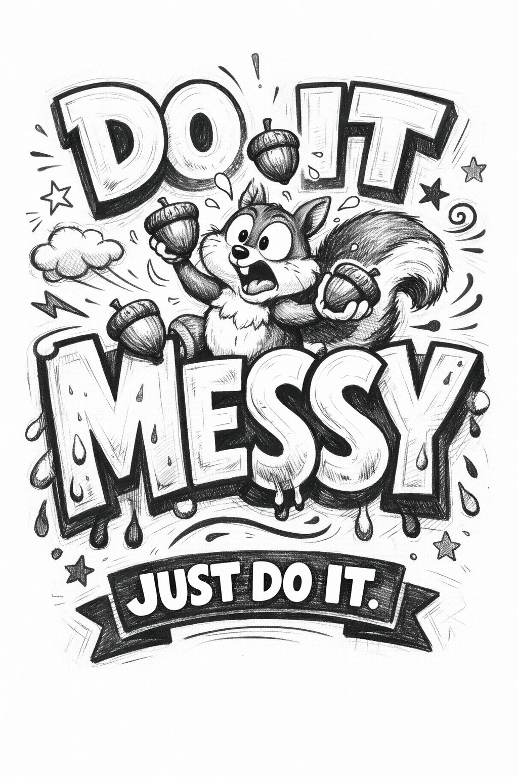 Whimsical handdrawn typography poster featuring bold hand-lettered quotes with playful illustrated characters interacting with the text in an ink sketch style: Do it messy