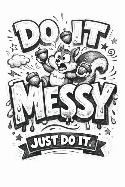 Whimsical handdrawn typography poster featuring bold hand-lettered quotes with playful illustrated characters interacting with the text in an ink sketch style: Do it messy