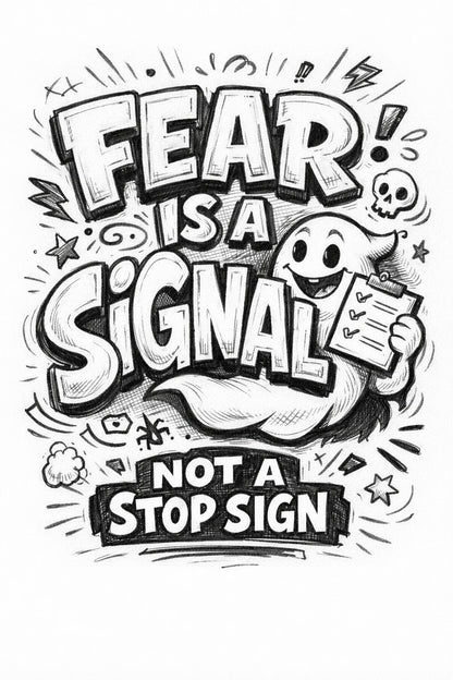 Whimsical handdrawn typography poster featuring bold hand-lettered quotes with playful illustrated characters interacting with the text in an ink sketch style: Fear is a signal
