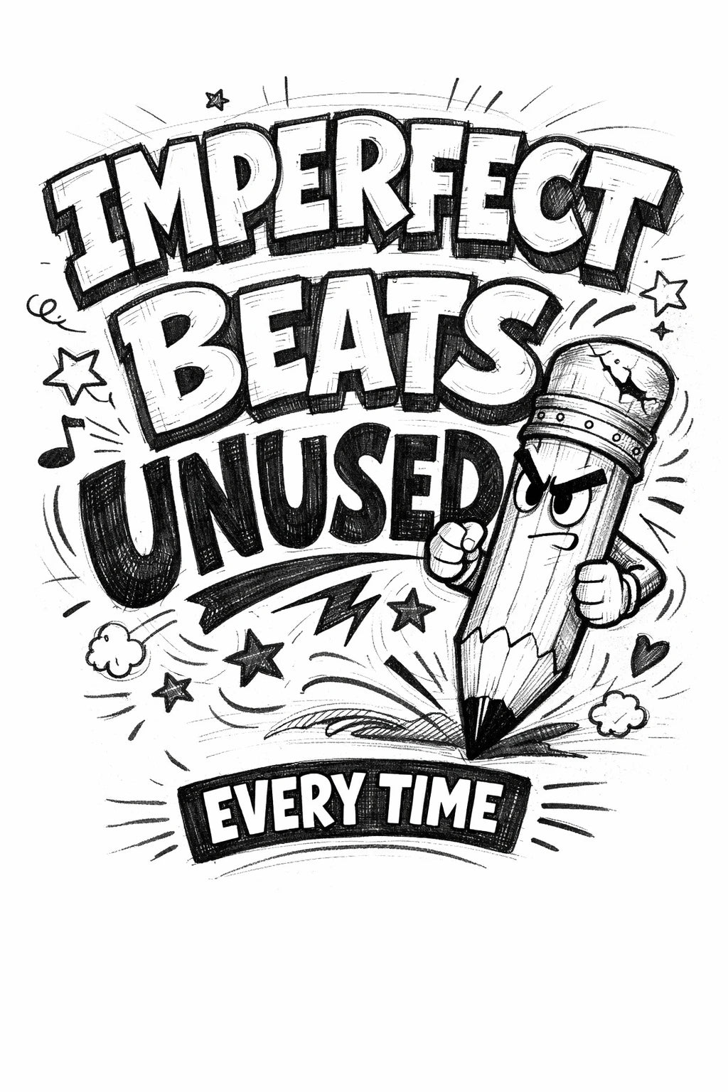 Whimsical handdrawn typography poster featuring bold hand-lettered quotes with playful illustrated characters interacting with the text in an ink sketch style: Imperfect beats unused