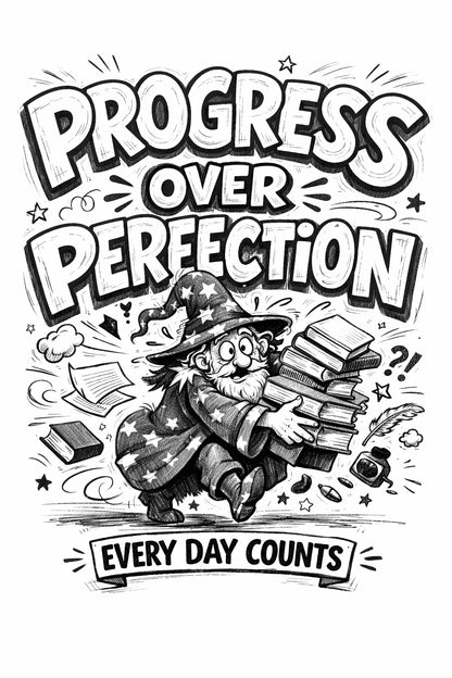 Whimsical handdrawn typography poster featuring bold hand-lettered quotes with playful illustrated characters interacting with the text in an ink sketch style: progress over perfection