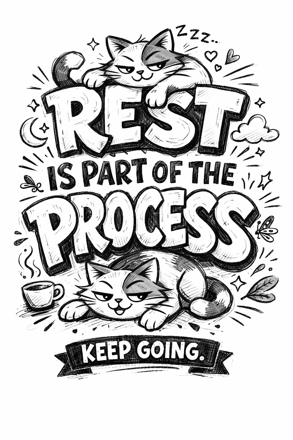 Whimsical handdrawn typography poster featuring bold hand-lettered quotes with playful illustrated characters interacting with the text in an ink sketch style: Rest is part of the process