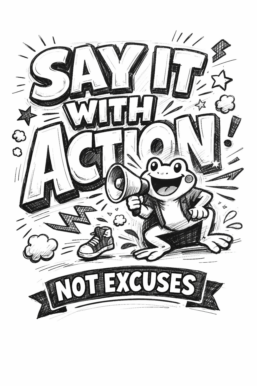 Whimsical handdrawn typography poster featuring bold hand-lettered quotes with playful illustrated characters interacting with the text in an ink sketch style: Say it with action