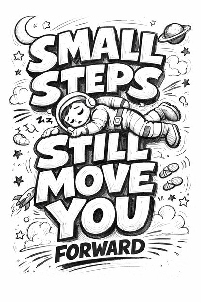 Whimsical handdrawn typography poster featuring bold hand-lettered quotes with playful illustrated characters interacting with the text in an ink sketch style: small steps still move you