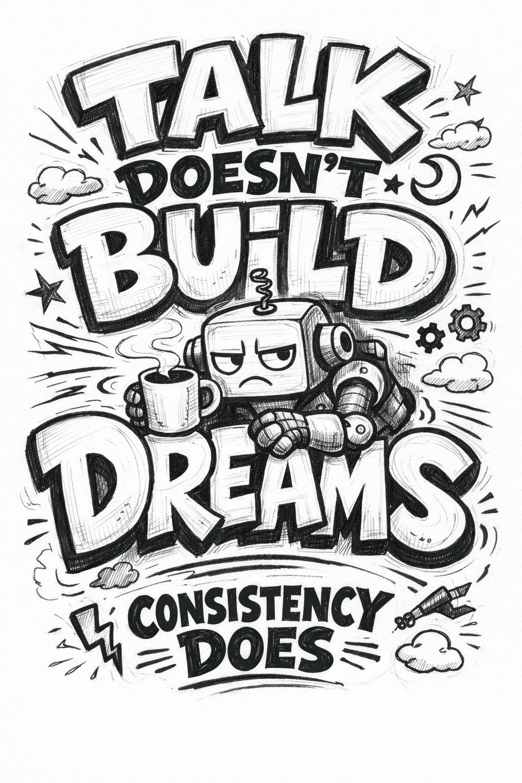Whimsical handdrawn typography poster featuring bold hand-lettered quotes with playful illustrated characters interacting with the text in an ink sketch style: Talk doesn't build dreams