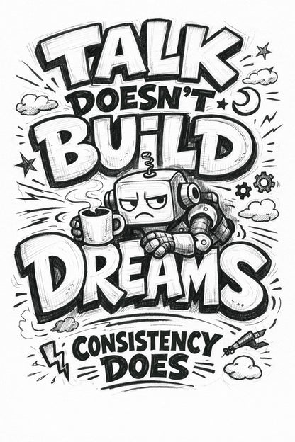 Whimsical handdrawn typography poster featuring bold hand-lettered quotes with playful illustrated characters interacting with the text in an ink sketch style: Talk doesn't build dreams